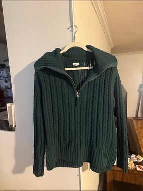 aerie Dark Green Cable-Knit Half-Zip Turtleneck Sweater